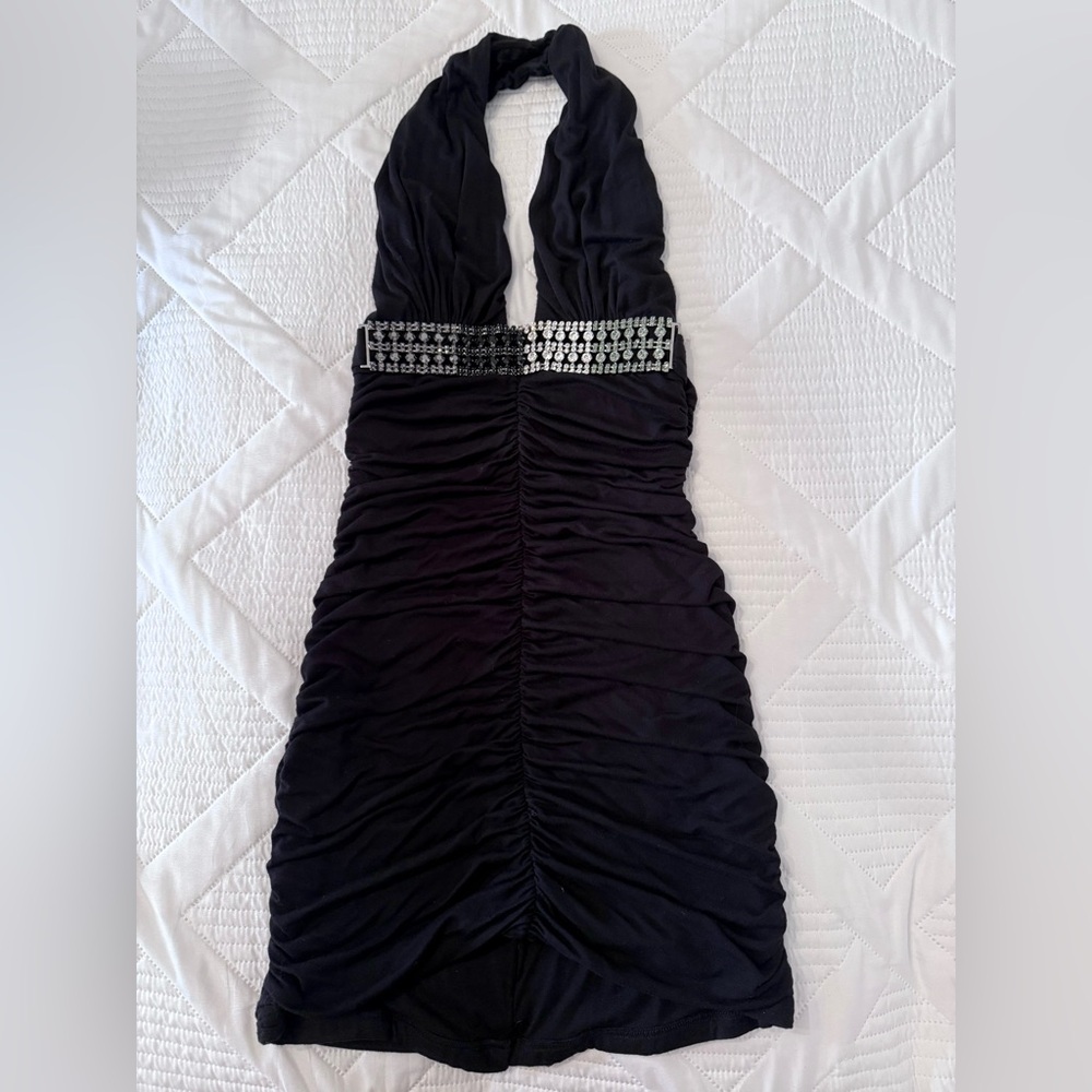 Sky Black Backless Ruched Halter Mini Dress w/ Silver Rhinestone Detailing. 🖤